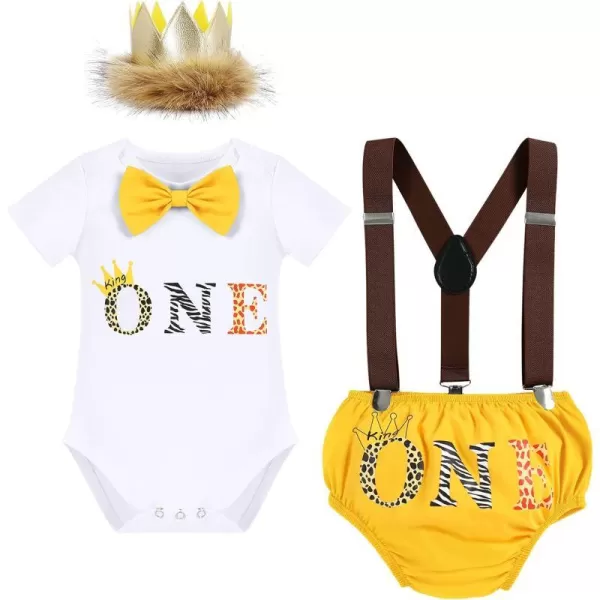 IDOPIP Baby Boys 1st Birthday Cake Smash Outfit Bowtie Romper Suspenders Shorts Pants Set with Lion Headband 4PCS Photo PropsYellow One