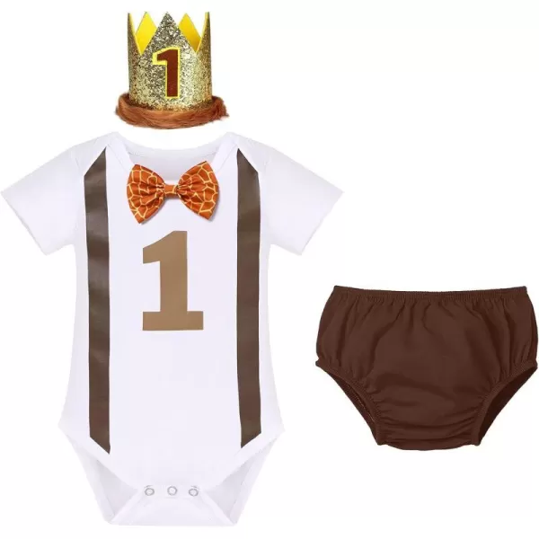 IDOPIP Baby Boys First Birthday Cake Smash Outfit Bowtie Romper  Shorts Bodysuit  Sequins Crown 3PCS Set Photo PropBrown Giraffe