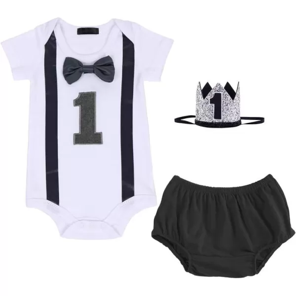 IDOPIP Baby Boys First Birthday Cake Smash Outfit Bowtie Romper  Shorts Bodysuit  Sequins Crown 3PCS Set Photo PropGray  Triangle Shorts