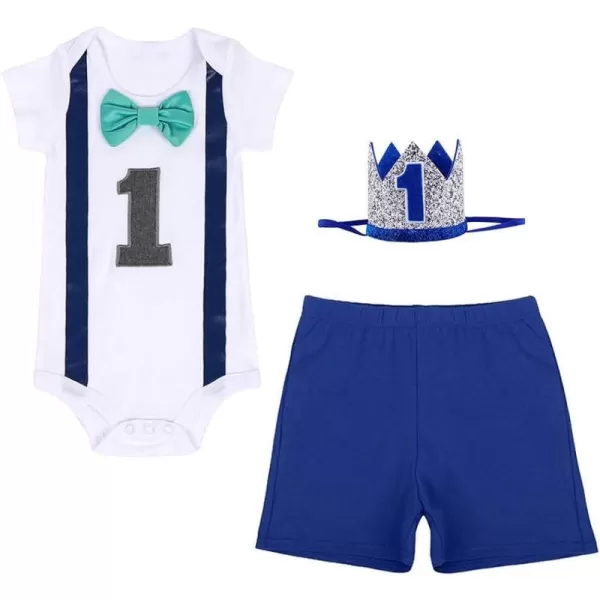 IDOPIP Baby Boys First Birthday Cake Smash Outfit Bowtie Romper  Shorts Bodysuit  Sequins Crown 3PCS Set Photo PropRoyal Blue  Boxer Shorts 01