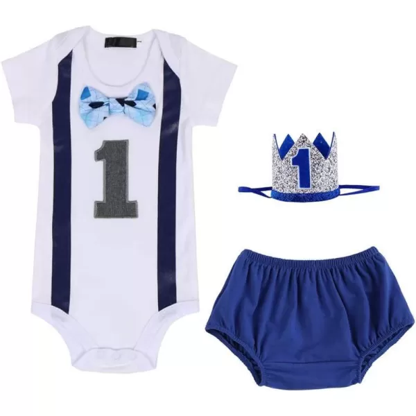 IDOPIP Baby Boys First Birthday Cake Smash Outfit Bowtie Romper  Shorts Bodysuit  Sequins Crown 3PCS Set Photo PropRoyal Blue  Triangle Shorts 01