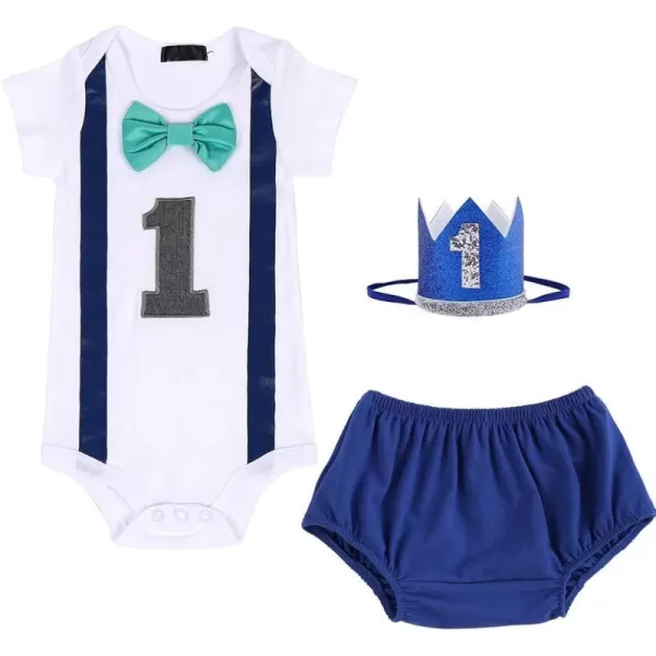 IDOPIP Baby Boys First Birthday Cake Smash Outfit Bowtie Romper  Shorts Bodysuit  Sequins Crown 3PCS Set Photo PropRoyal Blue  Triangle Shorts 02