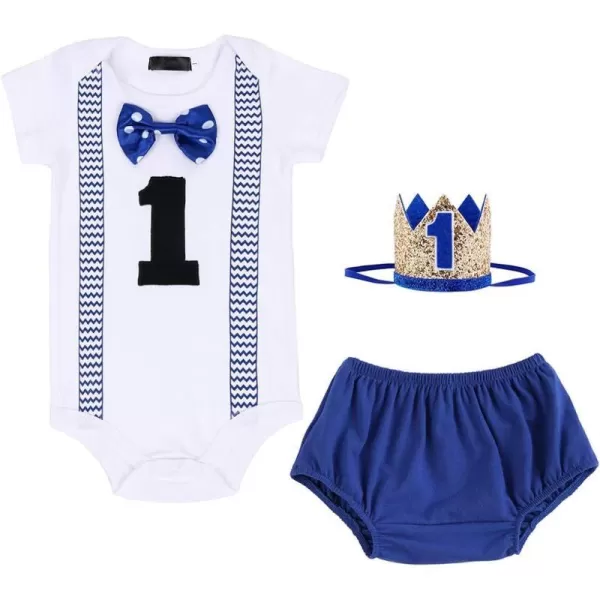 IDOPIP Baby Boys First Birthday Cake Smash Outfit Bowtie Romper  Shorts Bodysuit  Sequins Crown 3PCS Set Photo PropRoyal Blue  Triangle Shorts 03