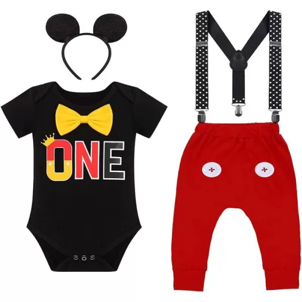 IDOPIP Baby Boys First Birthday Party Cake Smash Outfit Bowtie Romper Suspenders Pants Set with Mouse Ear Headband CostumeBlack  Button