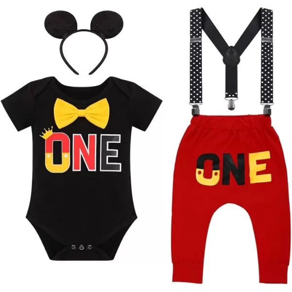 IDOPIP Baby Boys First Birthday Party Cake Smash Outfit Bowtie Romper Suspenders Pants Set with Mouse Ear Headband CostumeBlack  One