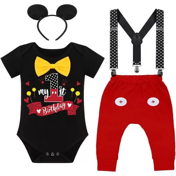 IDOPIP Baby Boys First Birthday Party Cake Smash Outfit Bowtie Romper Suspenders Pants Set with Mouse Ear Headband CostumeBlack 1st Birthday  Button 2