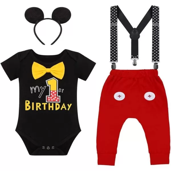 IDOPIP Baby Boys First Birthday Party Cake Smash Outfit Bowtie Romper Suspenders Pants Set with Mouse Ear Headband CostumeBlack 1st Birthday  Button