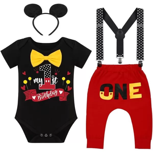 IDOPIP Baby Boys First Birthday Party Cake Smash Outfit Bowtie Romper Suspenders Pants Set with Mouse Ear Headband CostumeBlack 1st Birthday  One 2