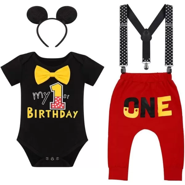 IDOPIP Baby Boys First Birthday Party Cake Smash Outfit Bowtie Romper Suspenders Pants Set with Mouse Ear Headband CostumeBlack 1st Birthday  One