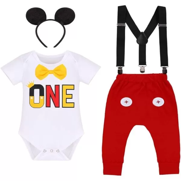 IDOPIP Baby Boys First Birthday Party Cake Smash Outfit Bowtie Romper Suspenders Pants Set with Mouse Ear Headband CostumeWhite  Button