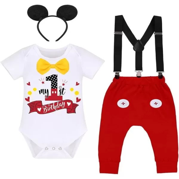 IDOPIP Baby Boys First Birthday Party Cake Smash Outfit Bowtie Romper Suspenders Pants Set with Mouse Ear Headband CostumeWhite 1st Birthday  Button 2