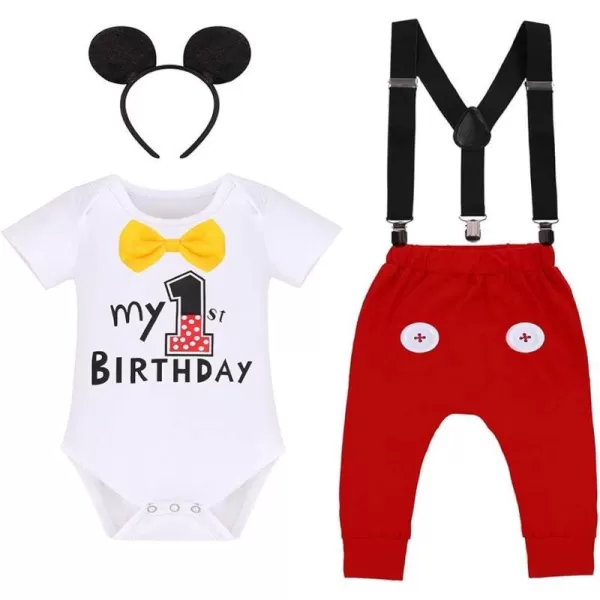 IDOPIP Baby Boys First Birthday Party Cake Smash Outfit Bowtie Romper Suspenders Pants Set with Mouse Ear Headband CostumeWhite 1st Birthday  Button