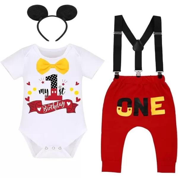 IDOPIP Baby Boys First Birthday Party Cake Smash Outfit Bowtie Romper Suspenders Pants Set with Mouse Ear Headband CostumeWhite 1st Birthday  One 2