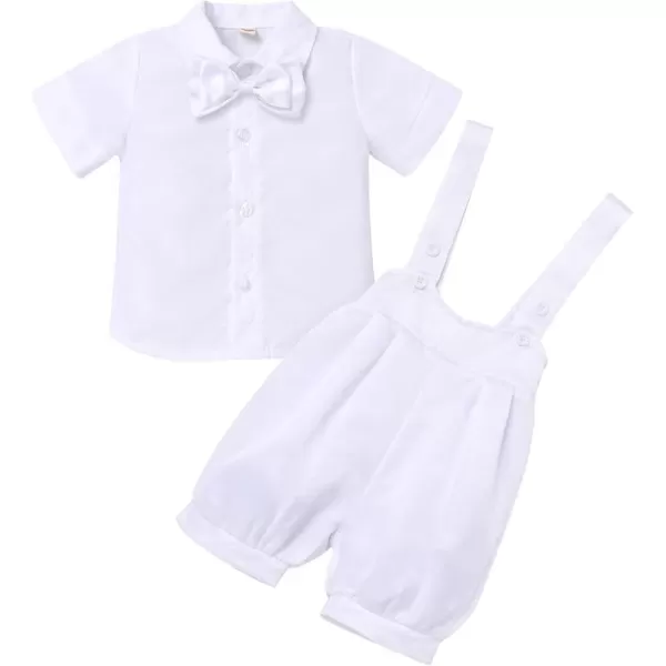 IDOPIP Baby Boys Formal Suit Set Short Sleeve Bowtie Tshirt Suspenders Shorts Pants Wedding Tuxedo Outfit Cake Smash ClothesAll White  Harem Pants