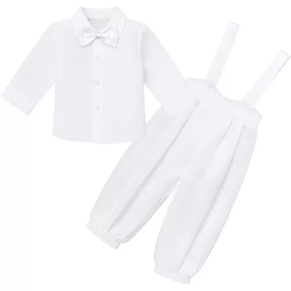 IDOPIP Baby Boys Formal Suit Set Short Sleeve Bowtie Tshirt Suspenders Shorts Pants Wedding Tuxedo Outfit Cake Smash ClothesAll White  Long