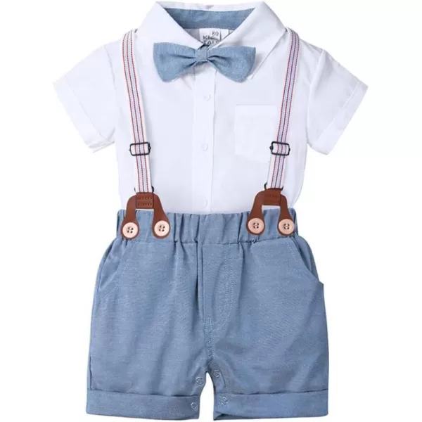 IDOPIP Baby Boys Formal Suit Set Short Sleeve Bowtie Tshirt Suspenders Shorts Pants Wedding Tuxedo Outfit Cake Smash ClothesWhite  Blue