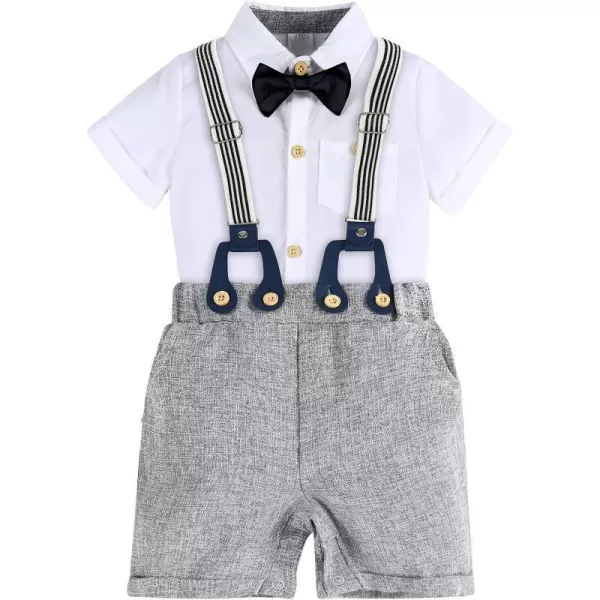 IDOPIP Baby Boys Formal Suit Set Short Sleeve Bowtie Tshirt Suspenders Shorts Pants Wedding Tuxedo Outfit Cake Smash ClothesWhite  Gray