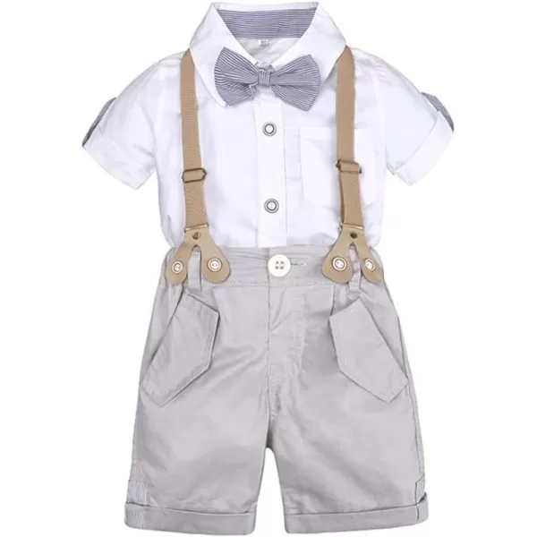 IDOPIP Baby Boys Formal Suit Set Short Sleeve Bowtie Tshirt Suspenders Shorts Pants Wedding Tuxedo Outfit Cake Smash ClothesWhite  Khaki