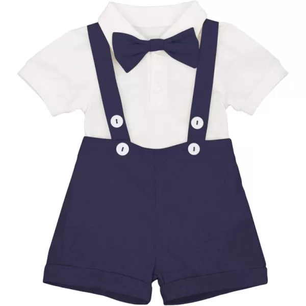 IDOPIP Baby Boys Formal Suit Set Short Sleeve Romper Suspenders Shorts Pants Bowtie Wedding Tuxedo Outfits Cake Smash ClothesNavy Blue