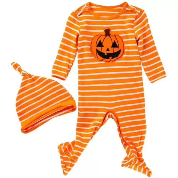 IDOPIP Baby Boys Girls 1st Halloween Pumpkin Santa Jumpsuit Long Sleeve Striped Romper Hat 2PCS Footie Romper Outfit Set 02TOrange Pumpkin