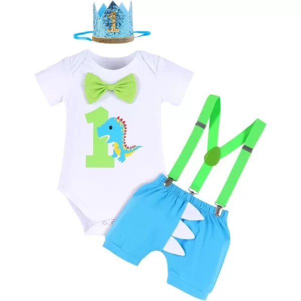 IDOPIP Baby Boys Lion Cake Smash Outfit Wild One Birthday Romper Suspenders Shorts Headband Jungle Animal Costume Photo ShootBlue  Green Dinosaur