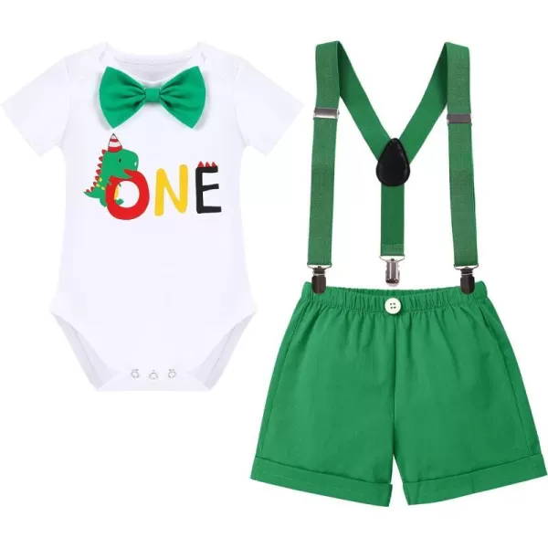 IDOPIP Baby Boys Lion Cake Smash Outfit Wild One Birthday Romper Suspenders Shorts Headband Jungle Animal Costume Photo ShootGreen Dinosaur 3pcs