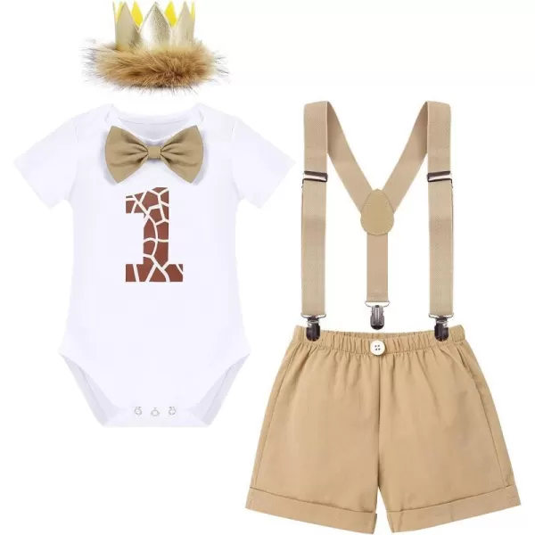 IDOPIP Baby Boys Lion Cake Smash Outfit Wild One Birthday Romper Suspenders Shorts Headband Jungle Animal Costume Photo ShootKhaki Giraffe