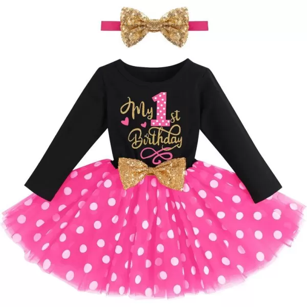 IDOPIP Baby Girl 1st 2nd 3rd Birthday Dress Princess Pageant Party Sequin Bowknot Tutu Dress Cake Smash Playwear Dress Outfit001 Black  Hot Pink  1st Birthday