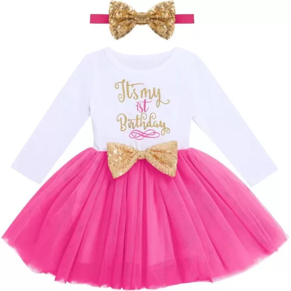 IDOPIP Baby Girl 1st 2nd 3rd Birthday Dress Princess Pageant Party Sequin Bowknot Tutu Dress Cake Smash Playwear Dress Outfit001 Hot Pink  1st Birthday