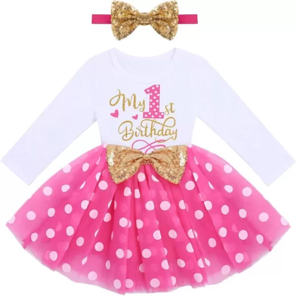 IDOPIP Baby Girl 1st 2nd 3rd Birthday Dress Princess Pageant Party Sequin Bowknot Tutu Dress Cake Smash Playwear Dress Outfit001 Hot Pink Polka Dot  1st Birthday