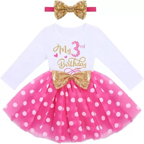 IDOPIP Baby Girl 1st 2nd 3rd Birthday Dress Princess Pageant Party Sequin Bowknot Tutu Dress Cake Smash Playwear Dress Outfit001 Hot Pink Polka Dot  3rd Birthday