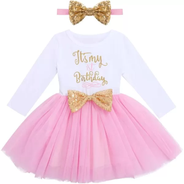 IDOPIP Baby Girl 1st 2nd 3rd Birthday Dress Princess Pageant Party Sequin Bowknot Tutu Dress Cake Smash Playwear Dress Outfit001 Pink  1st Birthday