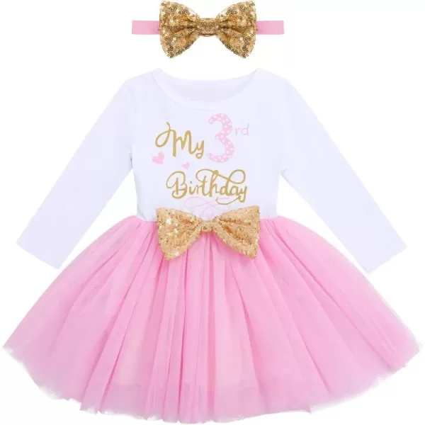 IDOPIP Baby Girl 1st 2nd 3rd Birthday Dress Princess Pageant Party Sequin Bowknot Tutu Dress Cake Smash Playwear Dress Outfit001 Pink  3rd Birthday