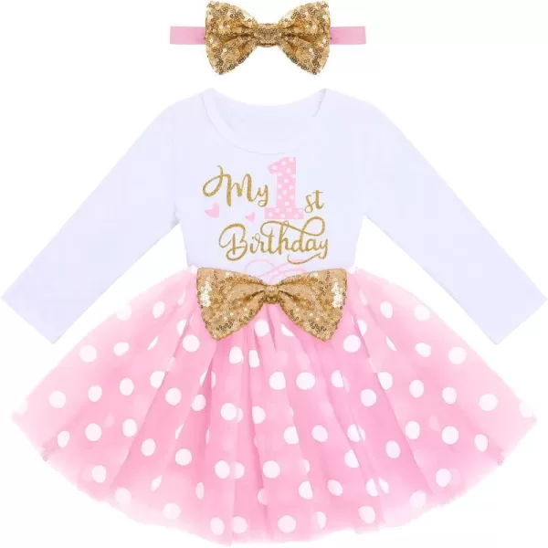 IDOPIP Baby Girl 1st 2nd 3rd Birthday Dress Princess Pageant Party Sequin Bowknot Tutu Dress Cake Smash Playwear Dress Outfit001 Pink Polka Dot  1st Birthday