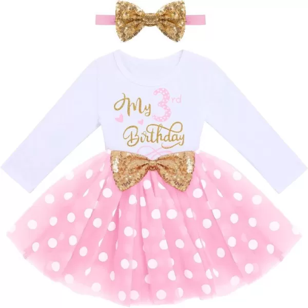 IDOPIP Baby Girl 1st 2nd 3rd Birthday Dress Princess Pageant Party Sequin Bowknot Tutu Dress Cake Smash Playwear Dress Outfit001 Pink Polka Dot  3rd Birthday