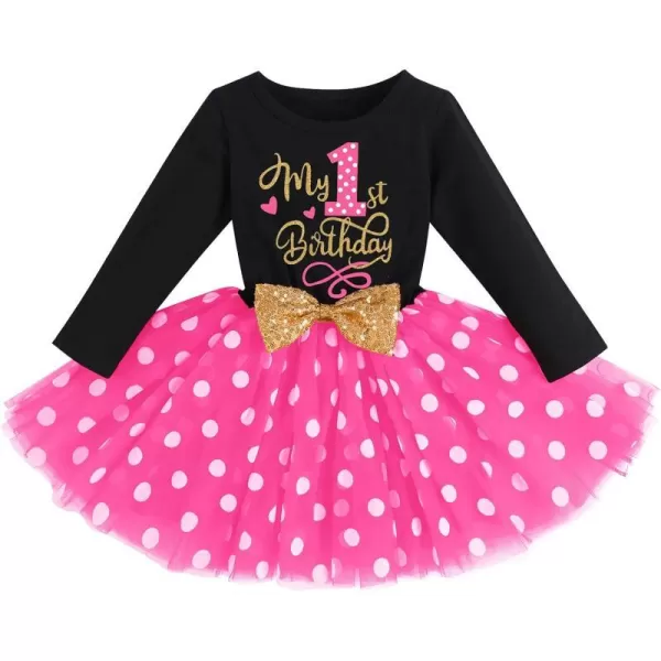 IDOPIP Baby Girl 1st 2nd 3rd Birthday Dress Princess Pageant Party Sequin Bowknot Tutu Dress Cake Smash Playwear Dress Outfit002 Black  Hot Pink  1st Birthday