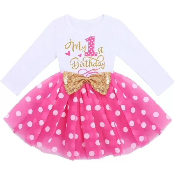 IDOPIP Baby Girl 1st 2nd 3rd Birthday Dress Princess Pageant Party Sequin Bowknot Tutu Dress Cake Smash Playwear Dress Outfit002 Hot Pink Polka Dot  1st Birthday