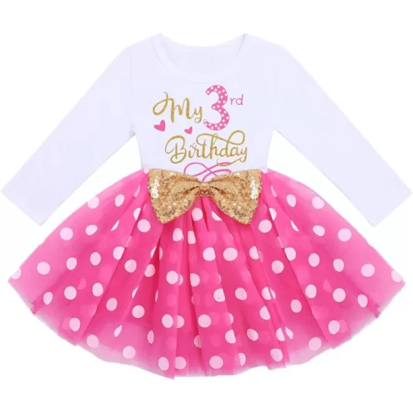 IDOPIP Baby Girl 1st 2nd 3rd Birthday Dress Princess Pageant Party Sequin Bowknot Tutu Dress Cake Smash Playwear Dress Outfit002 Hot Pink Polka Dot  3rd Birthday