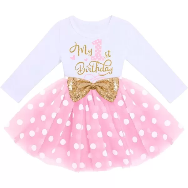 IDOPIP Baby Girl 1st 2nd 3rd Birthday Dress Princess Pageant Party Sequin Bowknot Tutu Dress Cake Smash Playwear Dress Outfit002 Pink Polka Dot  1st Birthday