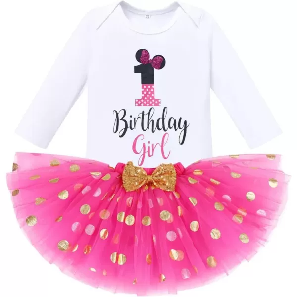 IDOPIP Baby Girl 1st 2nd 3rd Birthday Outfit Polka Dots Romper Tutu Skirt Mouse Ears Headband Set for Cake Smash Photo ShootHot Pink 1st Birthday