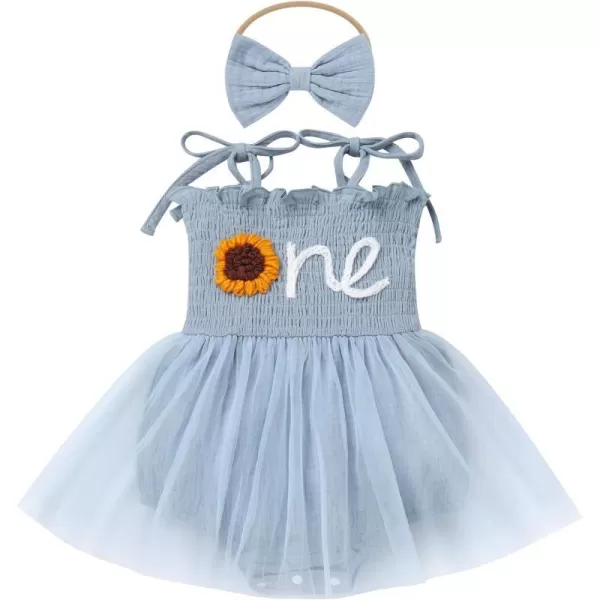 IDOPIP Baby Girl Berry One 1st Birthday Outfit Boho Romper Smocked Ruffle Tutu Dress with Headband for Cake Smash Photo ShootBlue Sunflower One