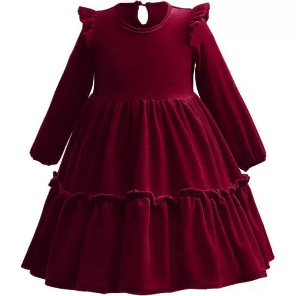 IDOPIP Baby Girl Toddler Velvet Dress Ruffle Long Sleeve Christmas Party Wedding Birthday Holiday Dresses Winter Fall ClothesWine Red