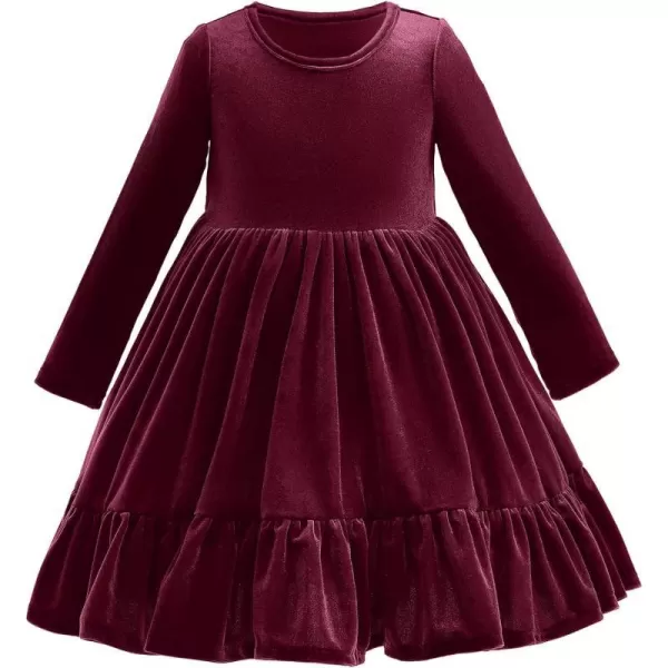 IDOPIP Baby Girl Toddler Velvet Dress Ruffle Long Sleeve Christmas Party Wedding Birthday Holiday Dresses Winter Fall ClothesWine Red Ruffle