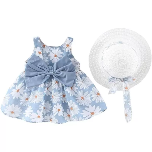 IDOPIP Baby Girl Tutu Dress Summer Sleeveless Backless Princess Birthday Party Dresses Flower Bow Sundress with Straw Hat SetBlue Floral