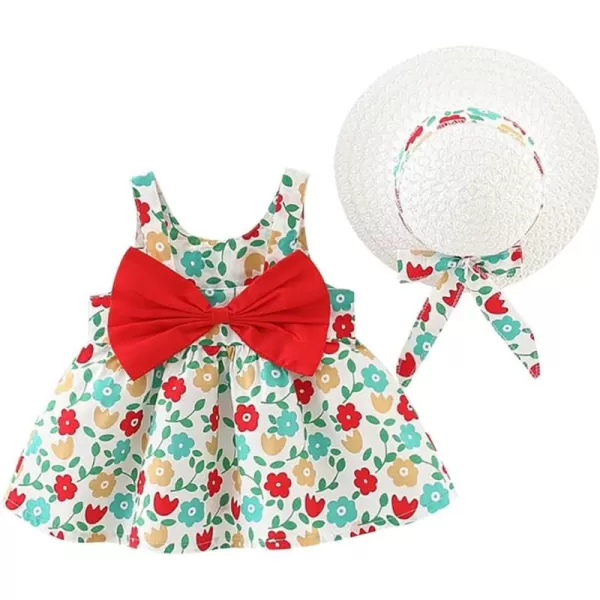 IDOPIP Baby Girl Tutu Dress Summer Sleeveless Backless Princess Birthday Party Dresses Flower Bow Sundress with Straw Hat SetGreen Flower  Red Bow