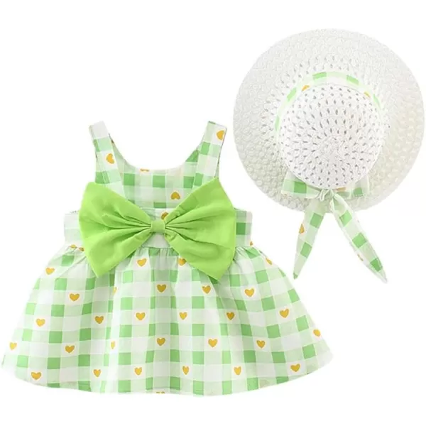 IDOPIP Baby Girl Tutu Dress Summer Sleeveless Backless Princess Birthday Party Dresses Flower Bow Sundress with Straw Hat SetGreen Heart  Plaid