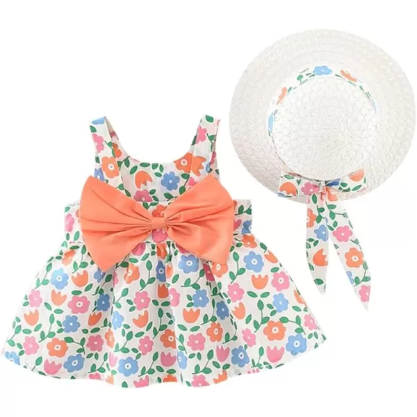 IDOPIP Baby Girl Tutu Dress Summer Sleeveless Backless Princess Birthday Party Dresses Flower Bow Sundress with Straw Hat SetOrange Flower  Bow