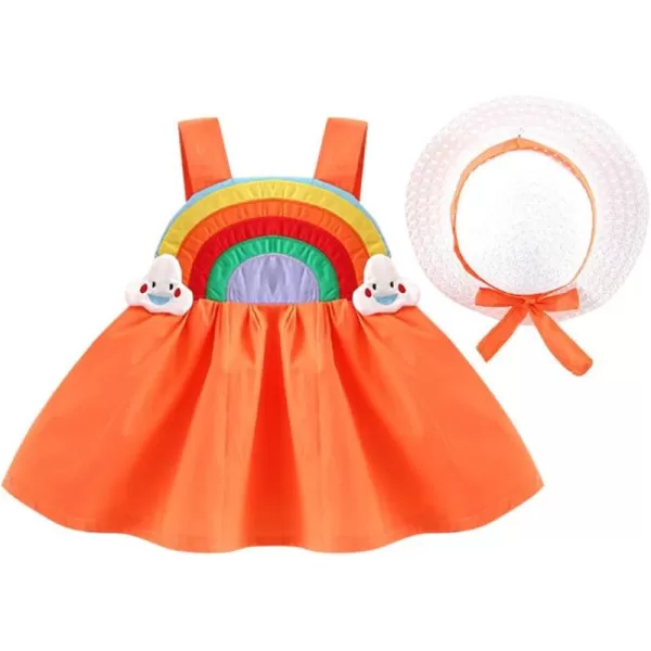 IDOPIP Baby Girl Tutu Dress Summer Sleeveless Backless Princess Birthday Party Dresses Flower Bow Sundress with Straw Hat SetOrange Rainbow