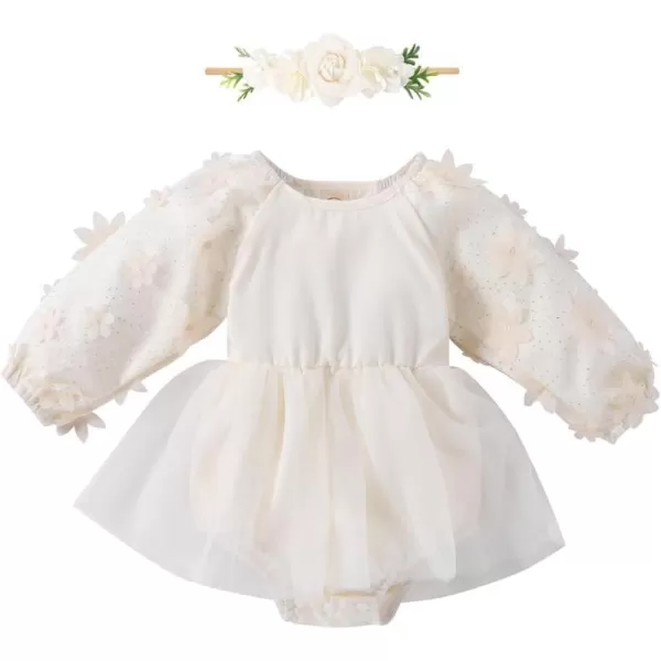 IDOPIP Baby Girls Boho Lace Romper Dress Headband 1st Birthday Outfit Toddler Princess Baptism Long Sleeve Fall Dress ClothesBeige  Flower