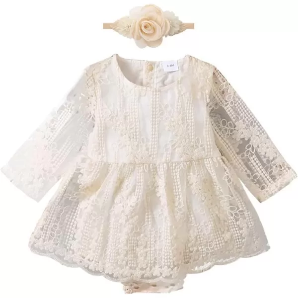 IDOPIP Baby Girls Boho Lace Romper Dress Headband 1st Birthday Outfit Toddler Princess Baptism Long Sleeve Fall Dress ClothesBeige  Mesh